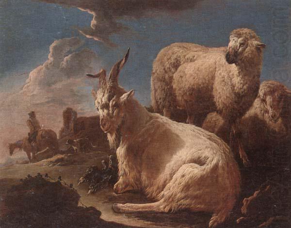 An evening landscape with goat and sheep resting in the foreground,a herdsman beyond, unknow artist
